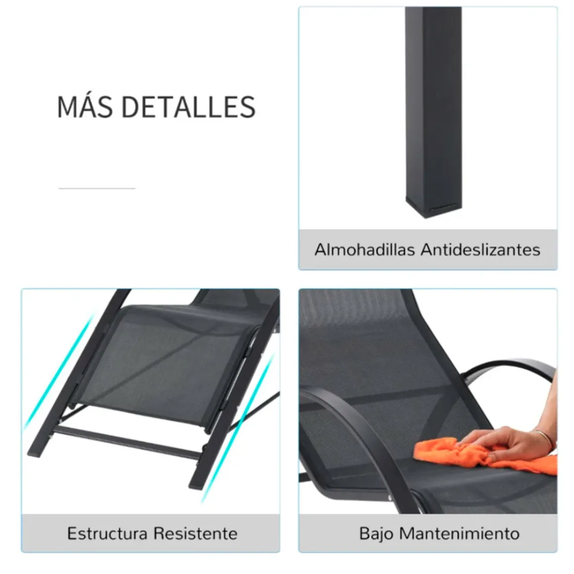 Conjunto de jardín Outsunny 2 tumbonas + 1 mesa de vidrio negro
