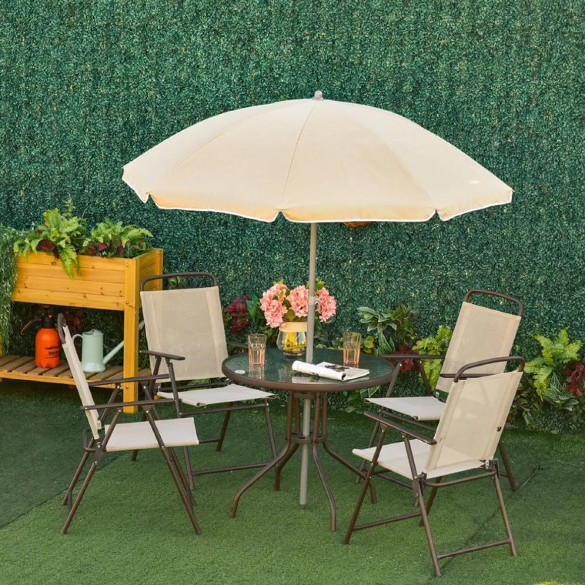 Conjunto de jardín Outsunny 4 sillas+mesa+sombrilla beige