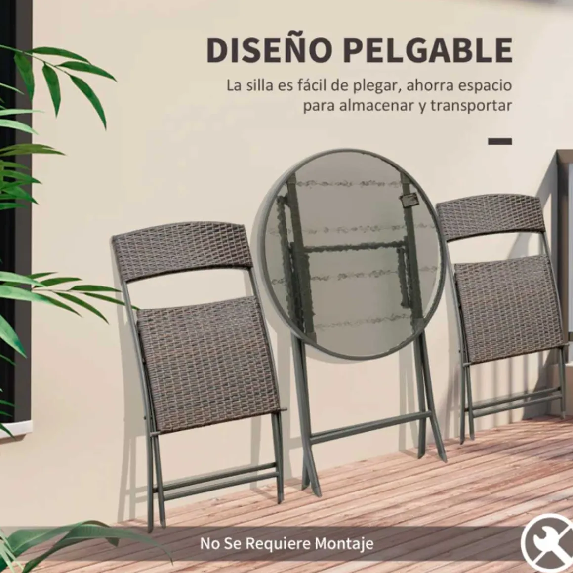 Conjunto de jardín Outsunny mesa+2 sillas plegables poliratán marrón