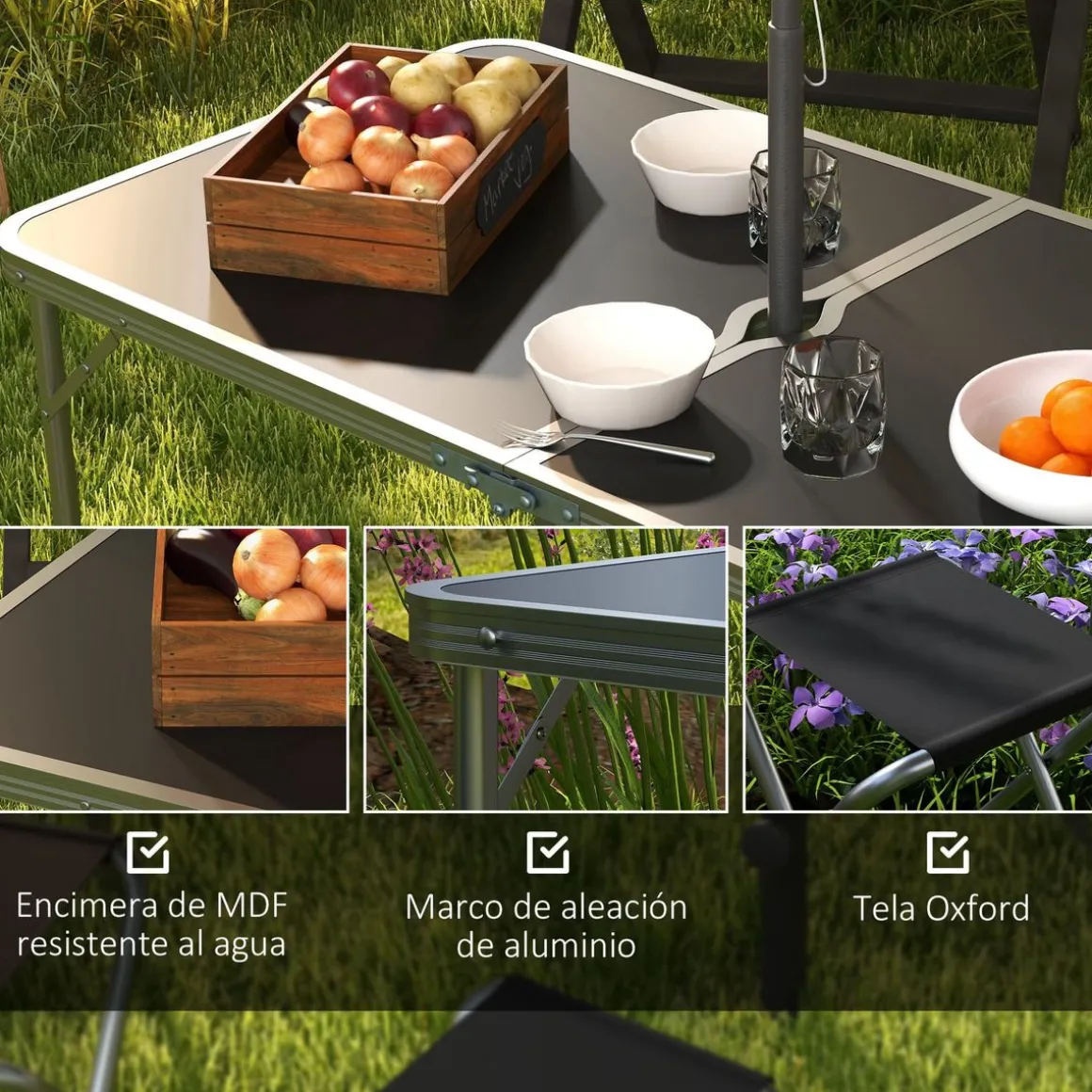 Conjunto de jardín Primrose Outsunny mesa + 4 taburetes plegables gris