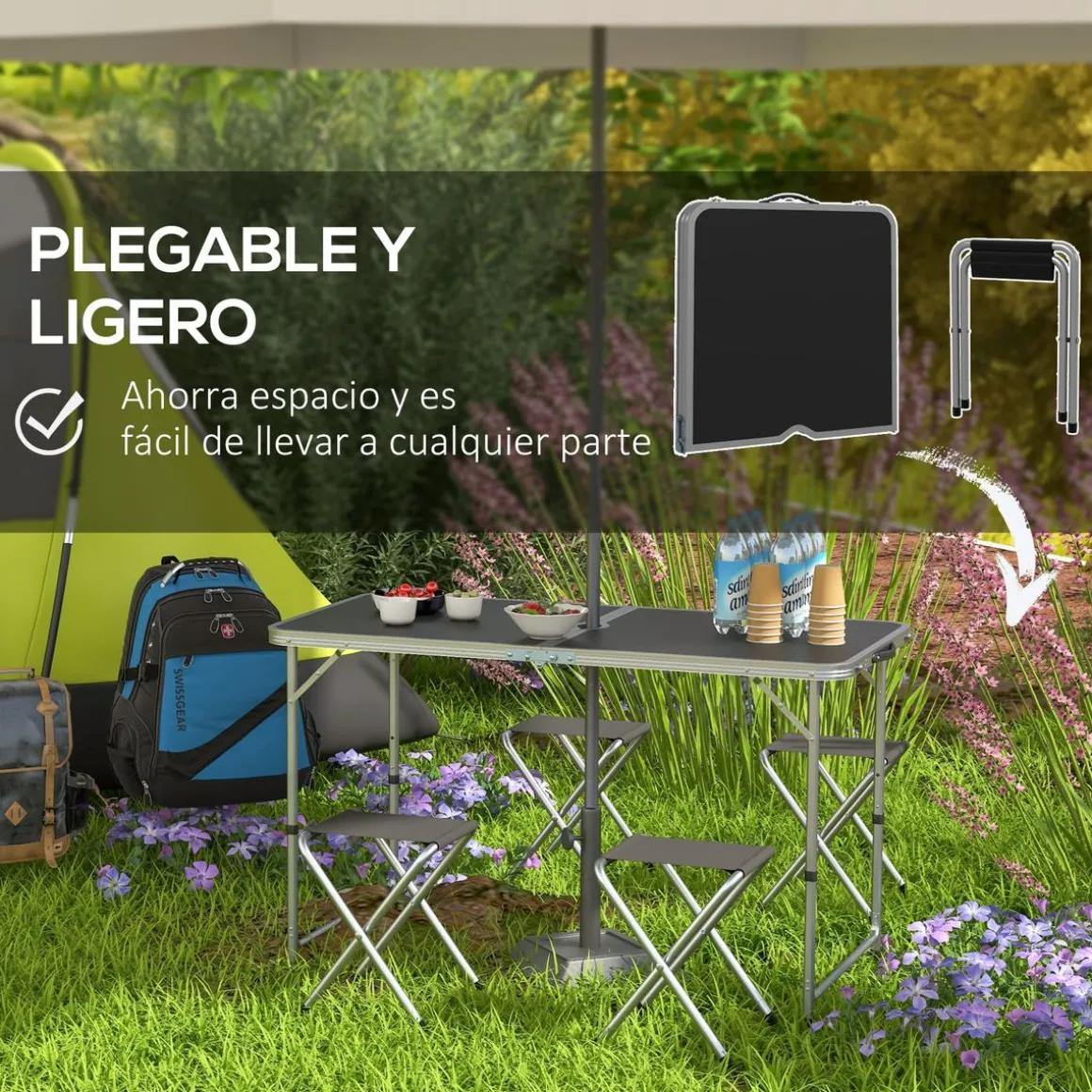Conjunto de jardín Primrose Outsunny mesa + 4 taburetes plegables gris