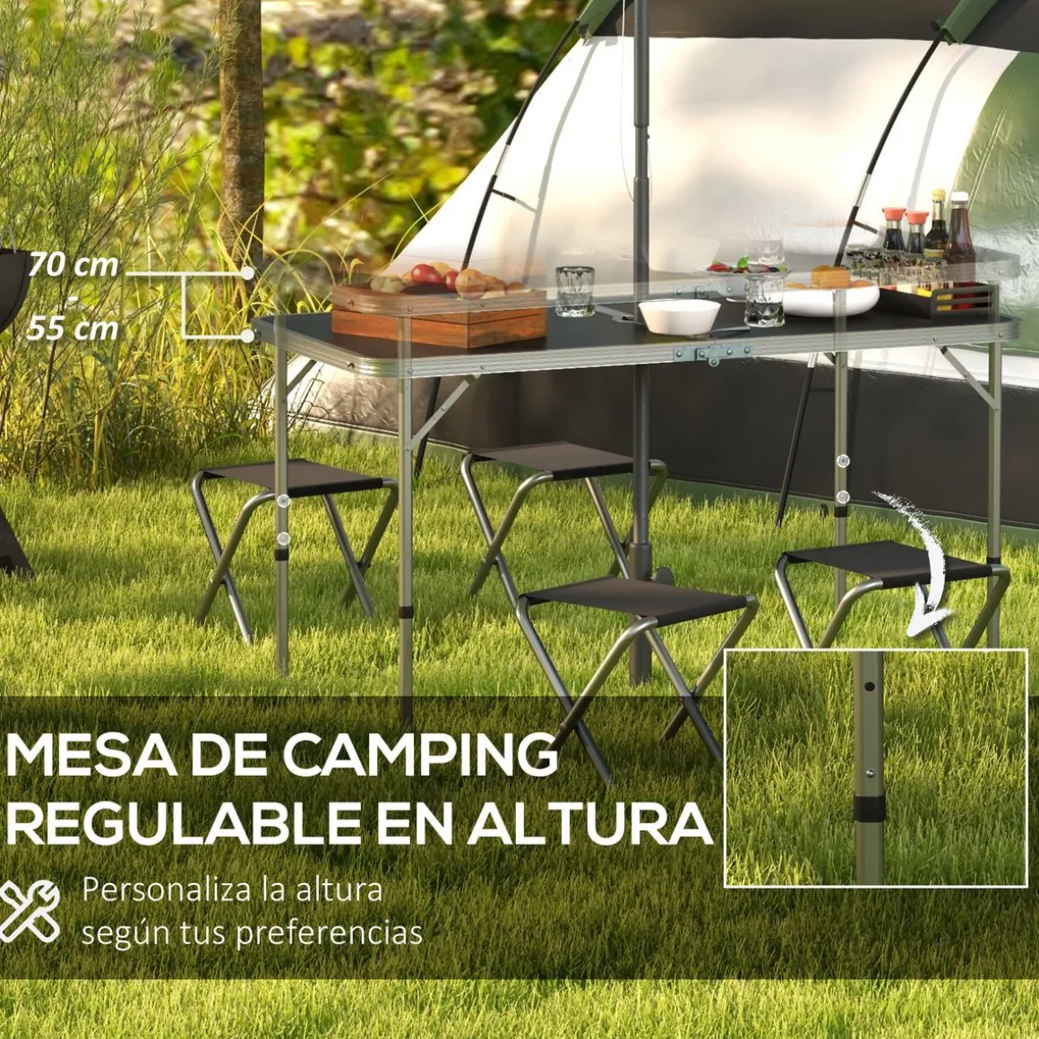 Conjunto de jardín Primrose Outsunny mesa + 4 taburetes plegables gris