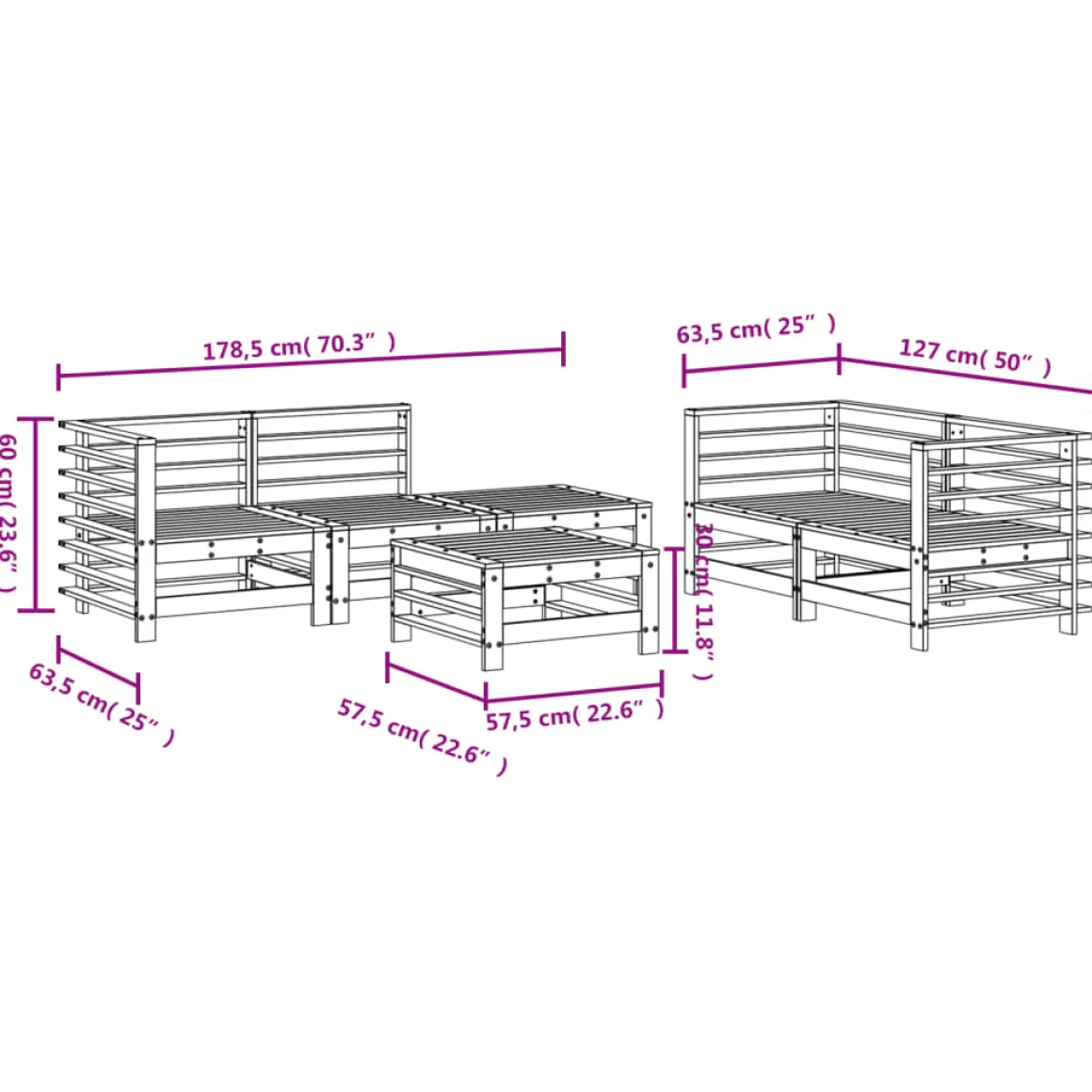 Conjunto de jardín Space 6 piezas madera maciza de pino