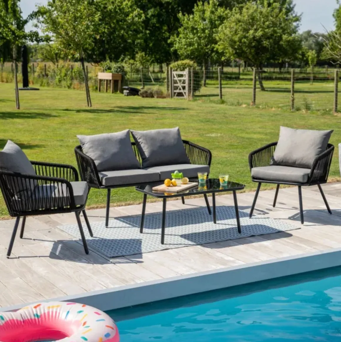 Conjunto de jardín Torino sofá doble + 2 sillas + mesa + cojines gris