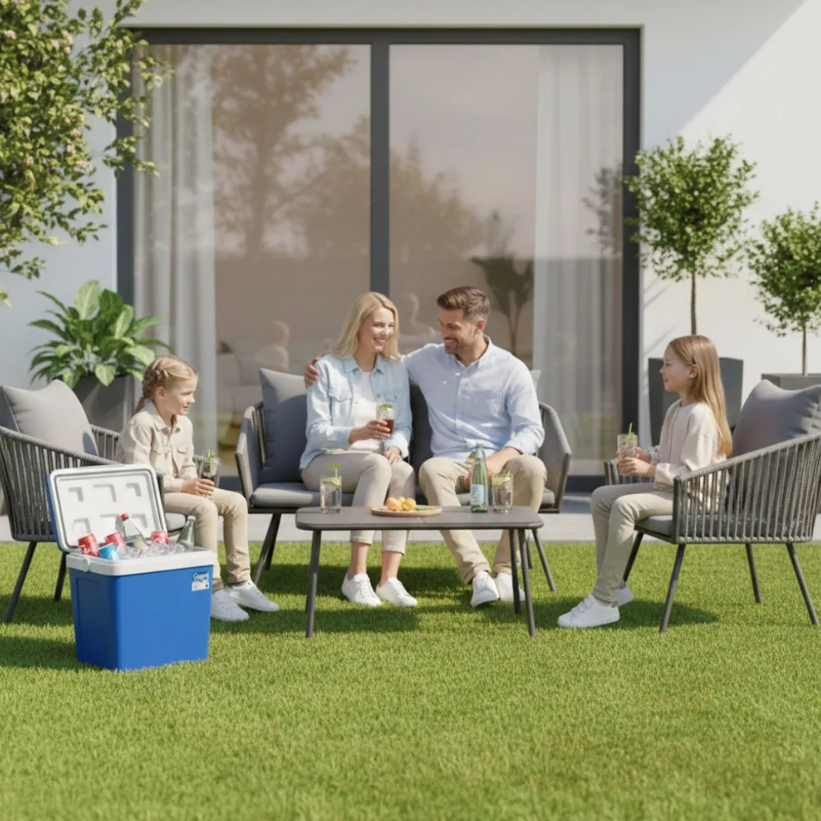 Conjunto de jardín Torino sofá doble + 2 sillas + mesa + cojines gris