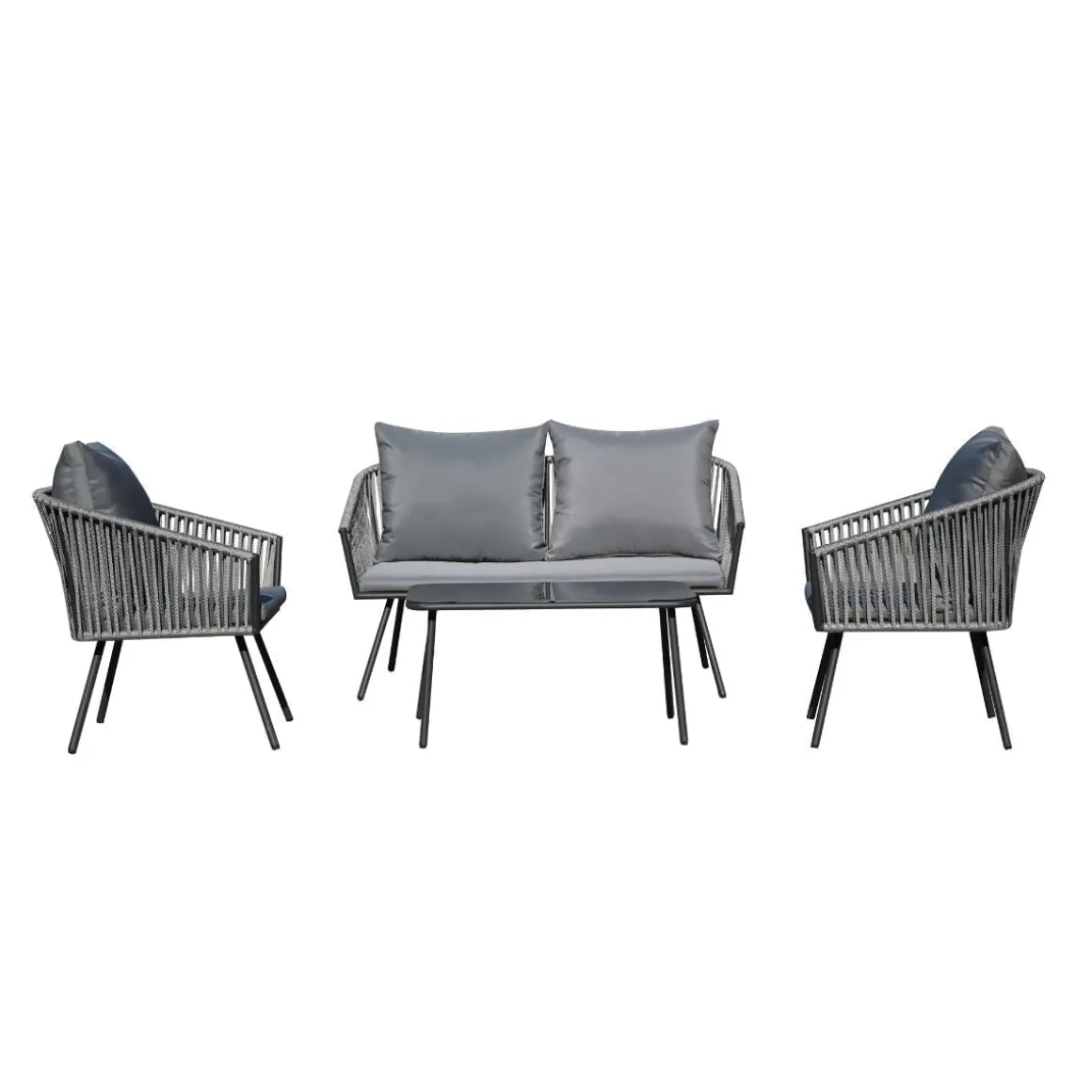 Conjunto de jardín Torino sofá doble + 2 sillas + mesa + cojines gris