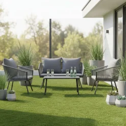 Conjunto de jardín Torino sofá doble + 2 sillas + mesa + cojines gris