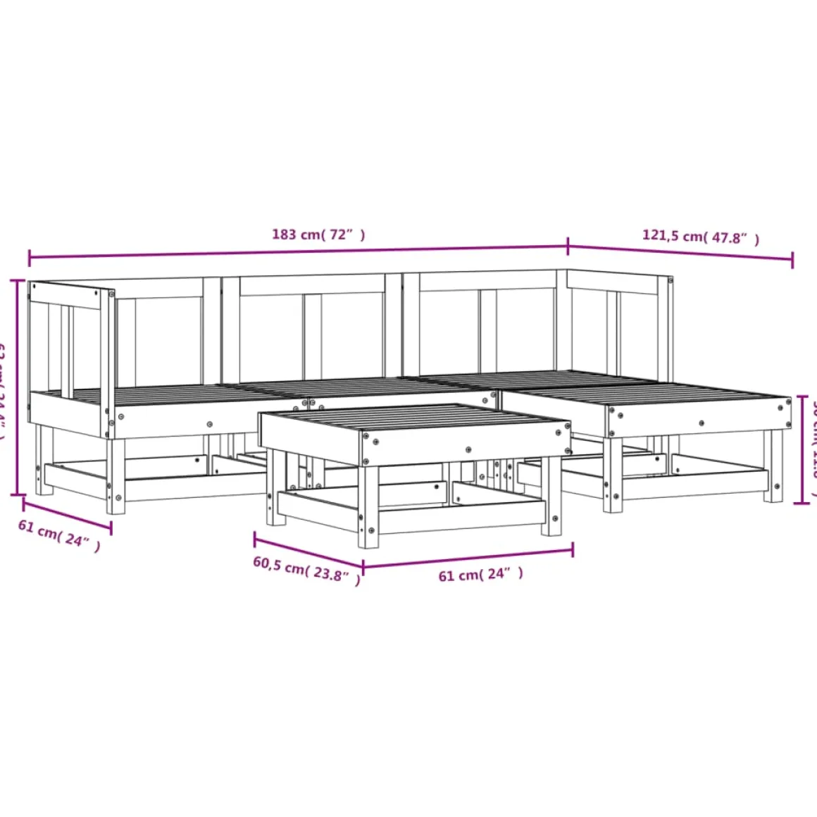Conjunto de jardín Vila 5 piezas madera maciza de pino 62x183x121,5 cm