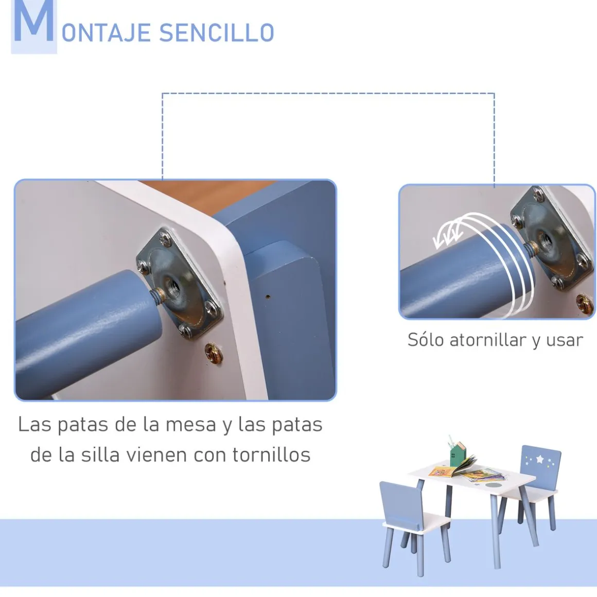 Conjunto de mesa y 2 sillas infantiles Blue Sky Homcom blanco/azul