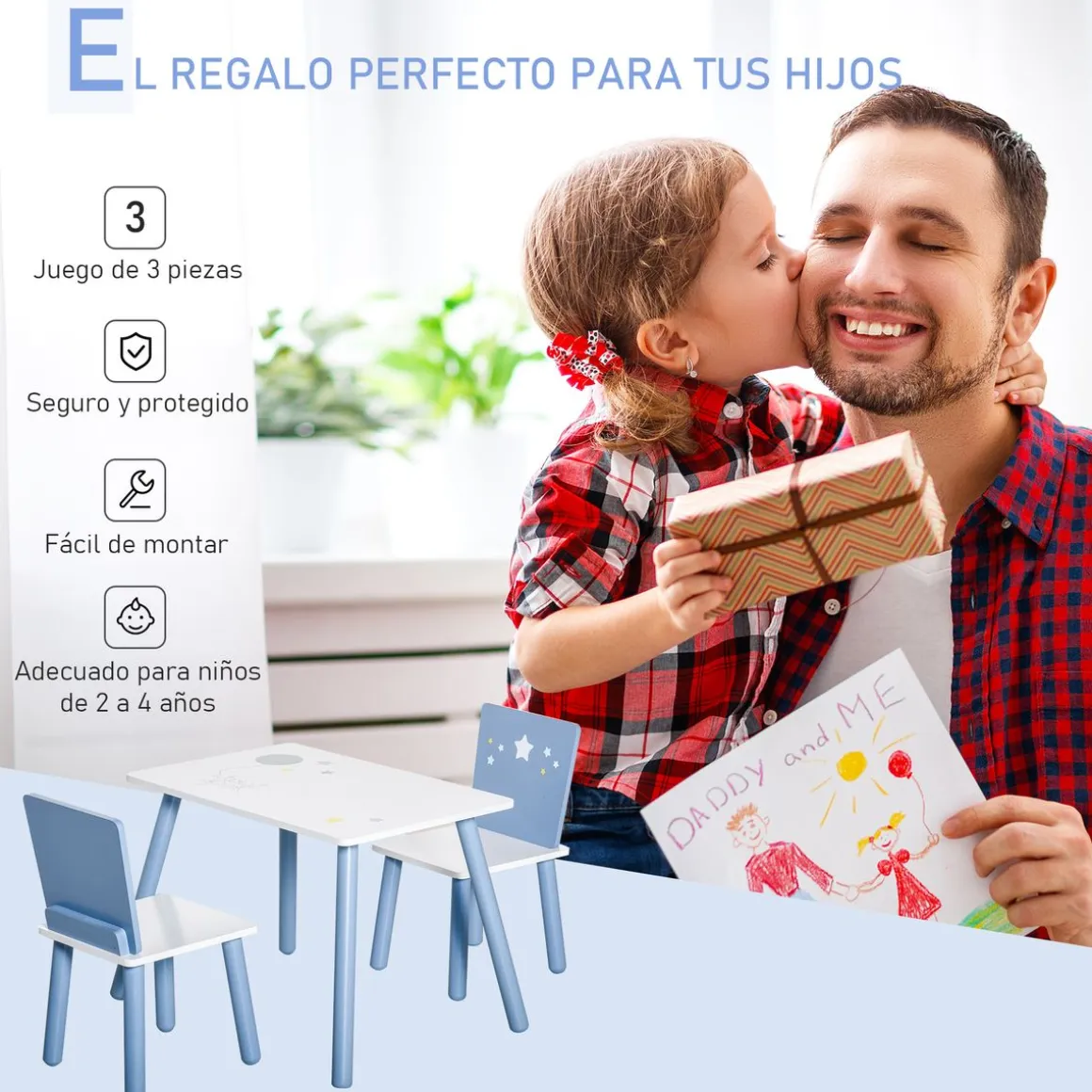 Conjunto de mesa y 2 sillas infantiles Blue Sky Homcom blanco/azul