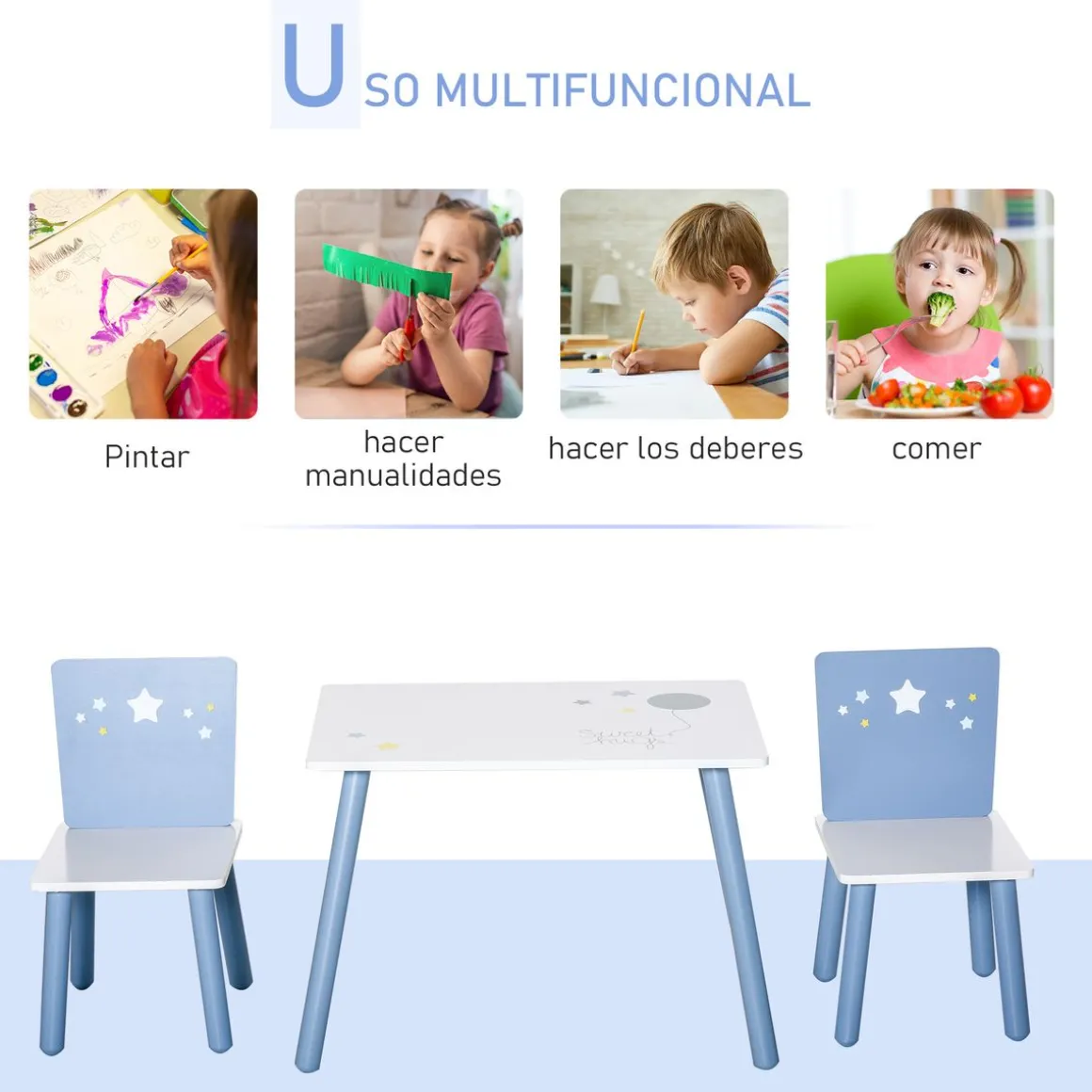 Conjunto de mesa y 2 sillas infantiles Blue Sky Homcom blanco/azul