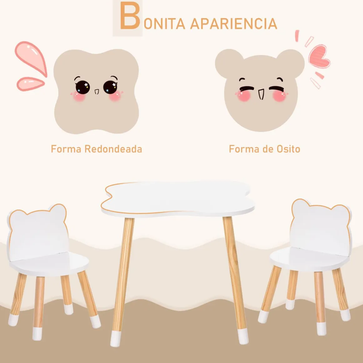 Conjunto de mesa y 2 sillas infantiles White Bear Homcom blanco/natural