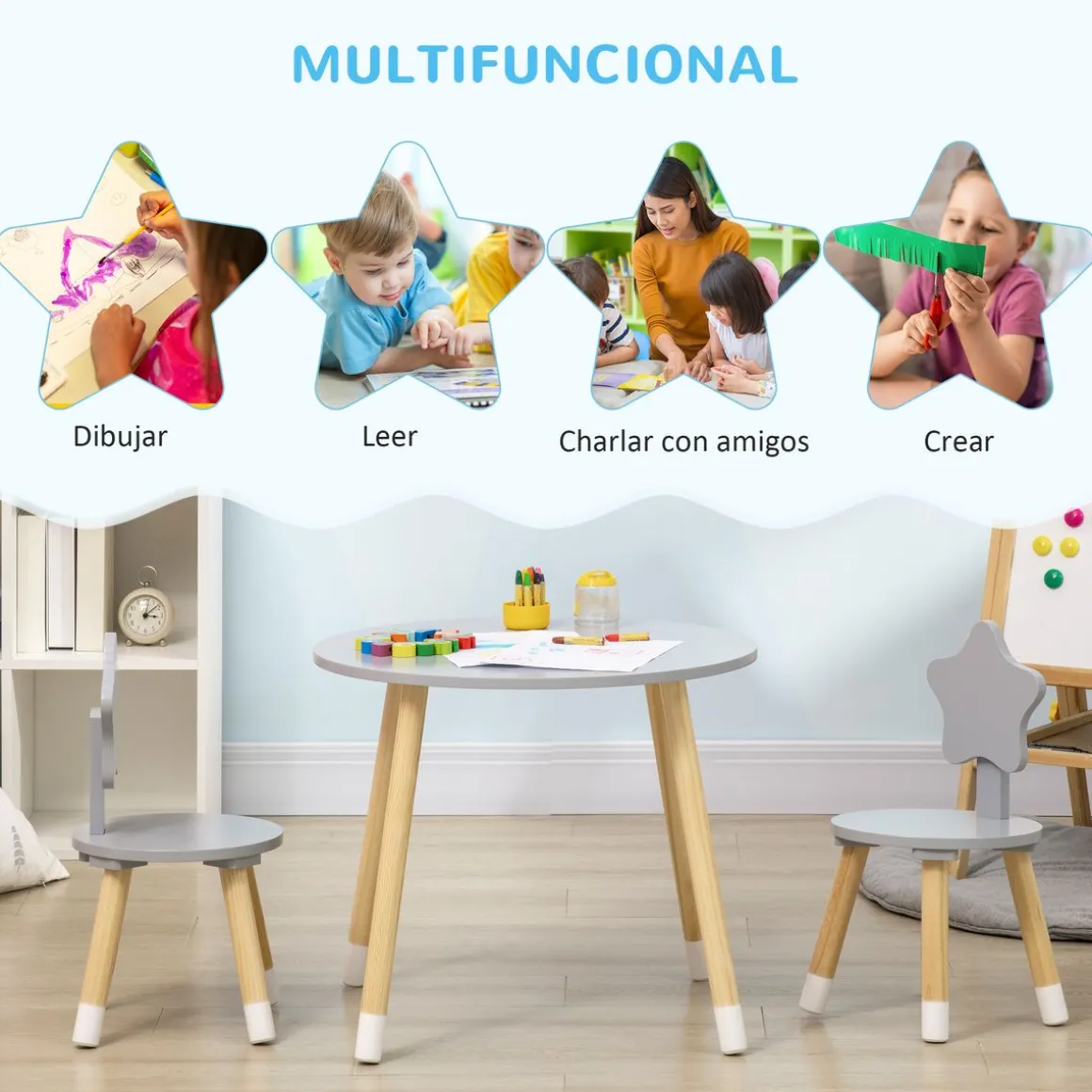 Conjunto de mesa y 2 sillas infantiles Star Homcom gris