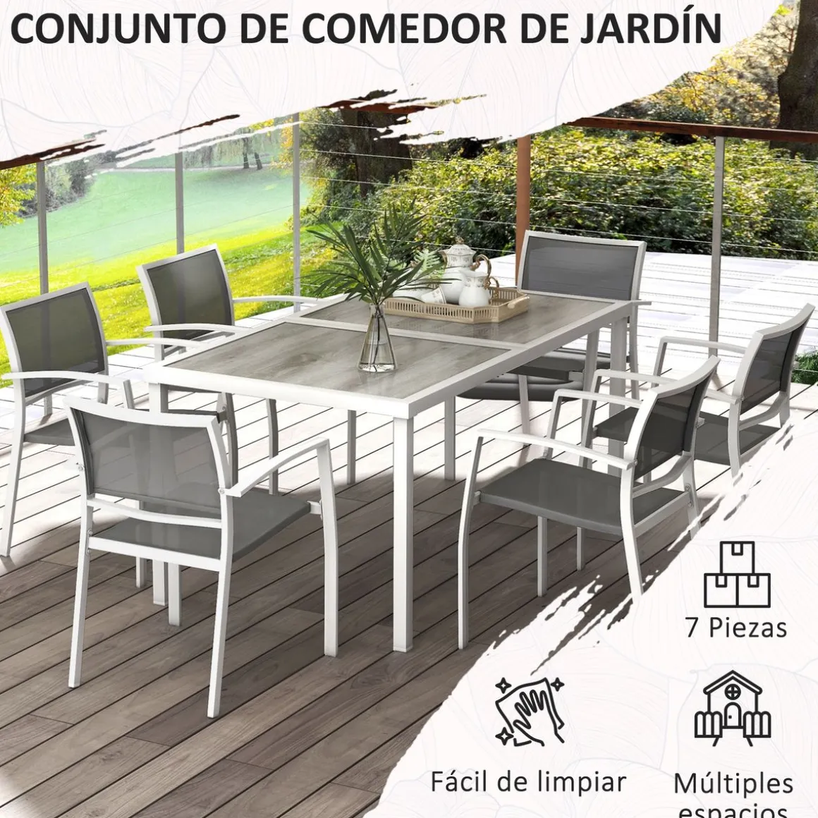 Conjunto de mesa y 6 sillas de jardín Santa Clara Outsunny gris/blanco