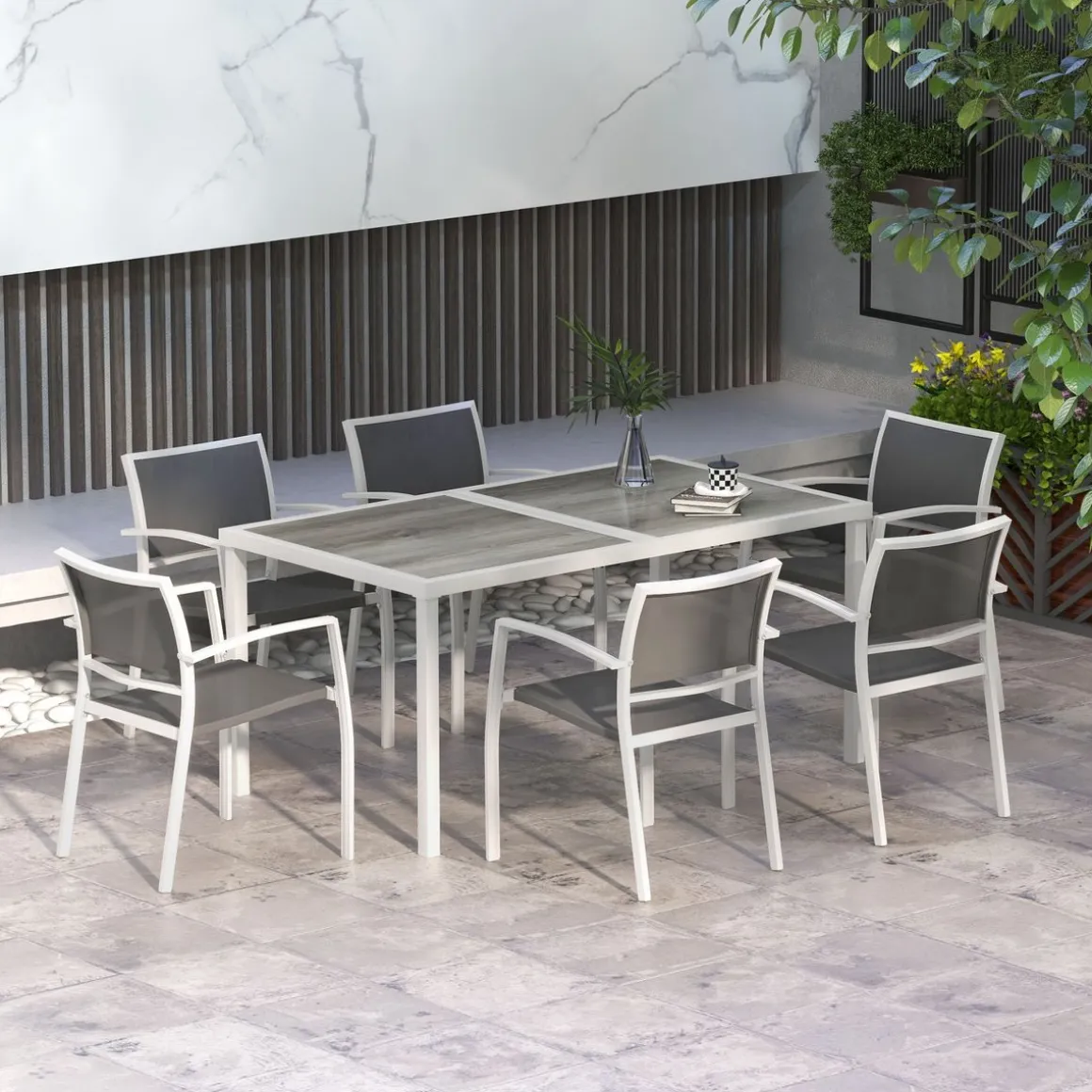 Conjunto de mesa y 6 sillas de jardín Santa Clara Outsunny gris/blanco