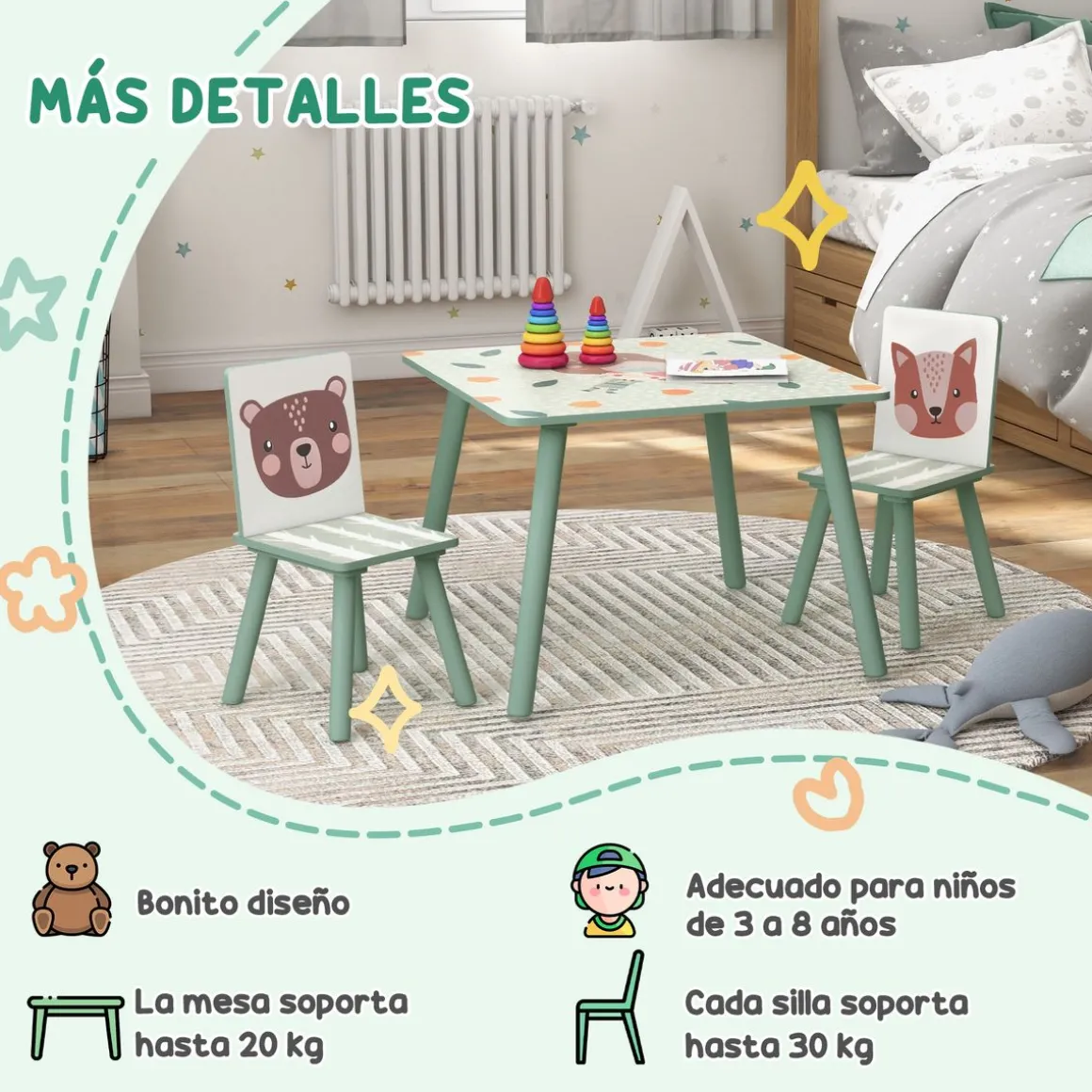 Conjunto de mesa y 2 sillas infantiles River Zonekiz +3A