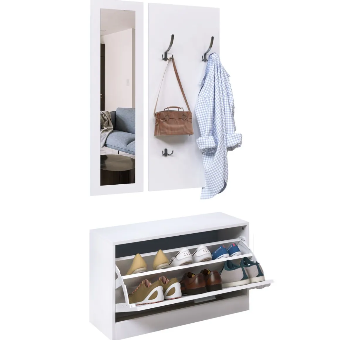 Conjunto de recibidor Roley Homcom zapatero + espejo perchero blanco 46,5x80x27 cm