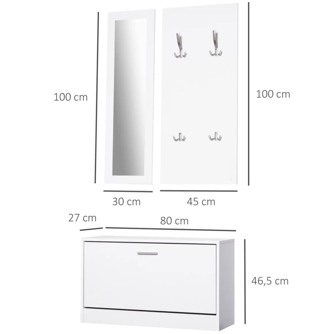 Conjunto de recibidor Roley Homcom zapatero + espejo perchero blanco 46,5x80x27 cm