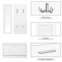 Conjunto de recibidor Roley Homcom zapatero + espejo perchero blanco 46,5x80x27 cm