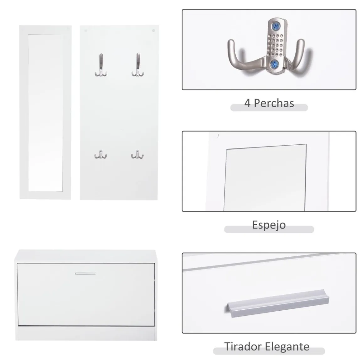 Conjunto de recibidor Roley Homcom zapatero + espejo perchero blanco 46,5x80x27 cm