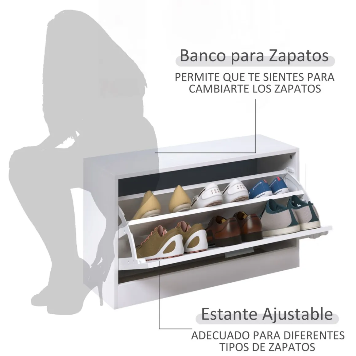 Conjunto de recibidor Roley Homcom zapatero + espejo perchero blanco 46,5x80x27 cm