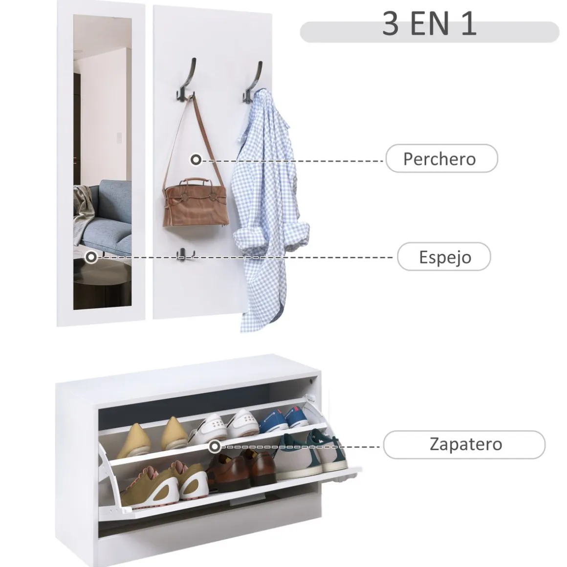 Conjunto de recibidor Roley Homcom zapatero + espejo perchero blanco 46,5x80x27 cm