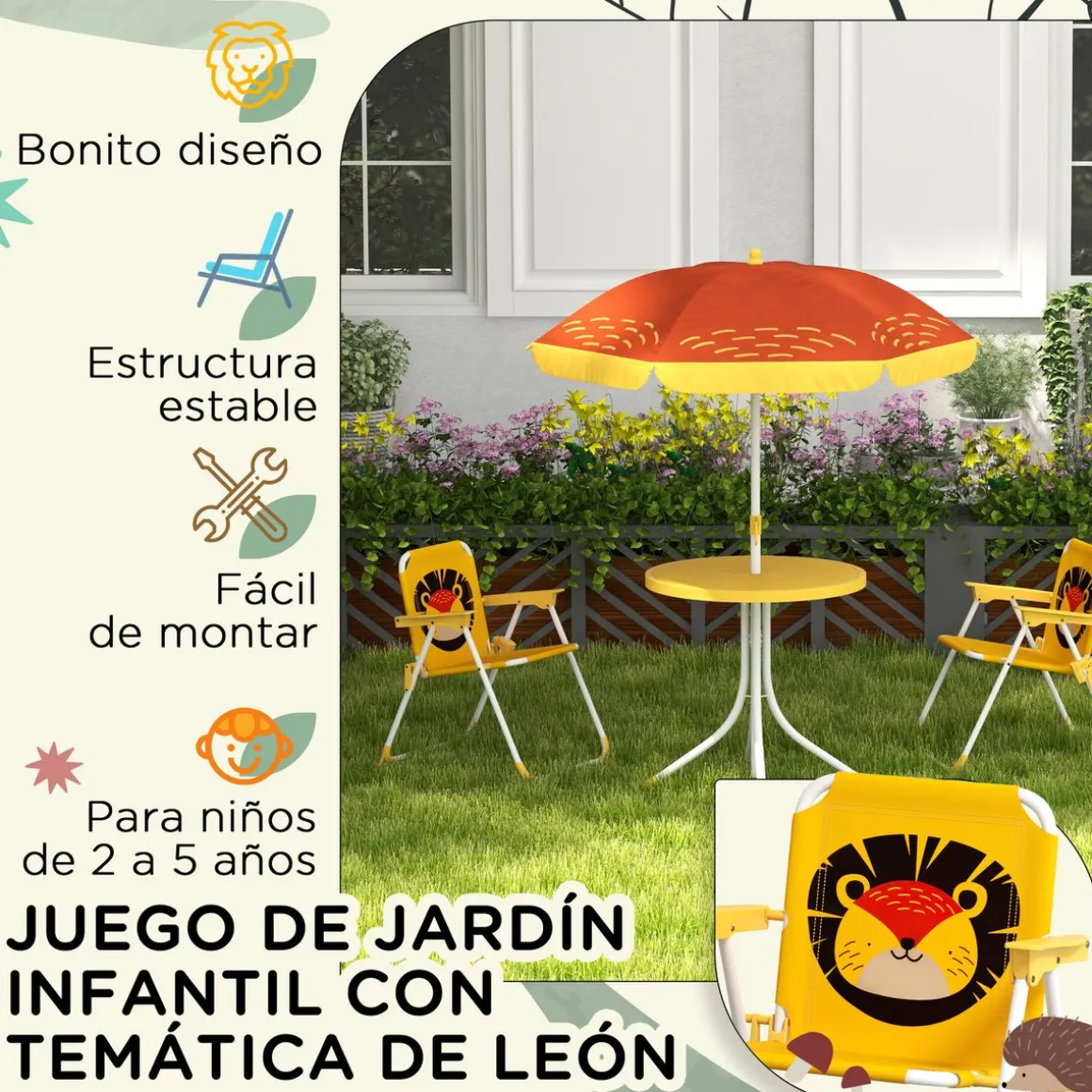 Conjunto de sombrilla + 2 sillas infantiles Lion Outsunny amarillo