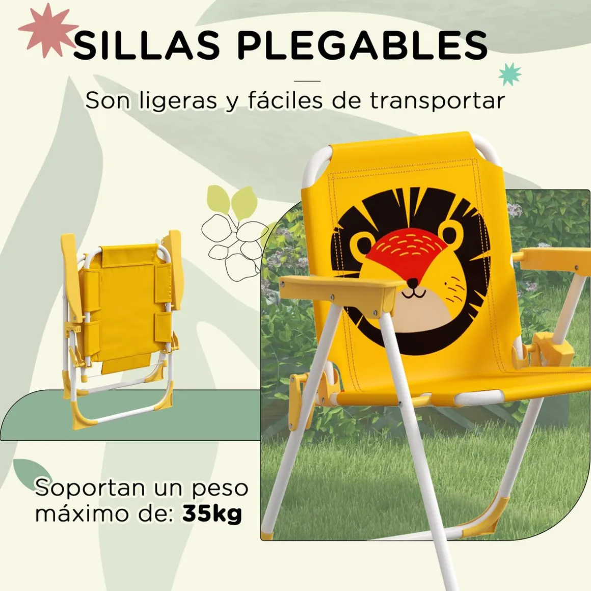 Conjunto de sombrilla + 2 sillas infantiles Lion Outsunny amarillo