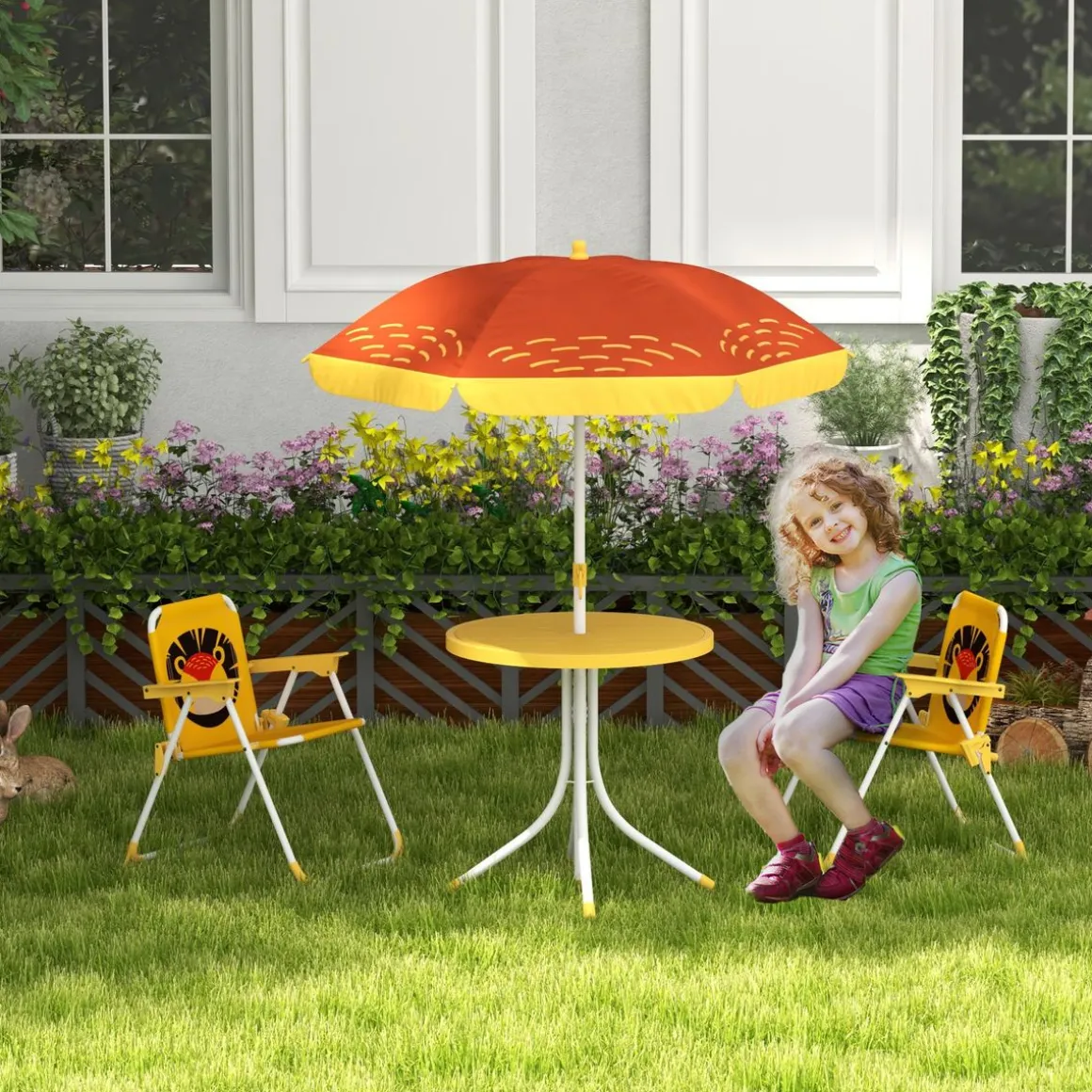 Conjunto de sombrilla + 2 sillas infantiles Lion Outsunny amarillo