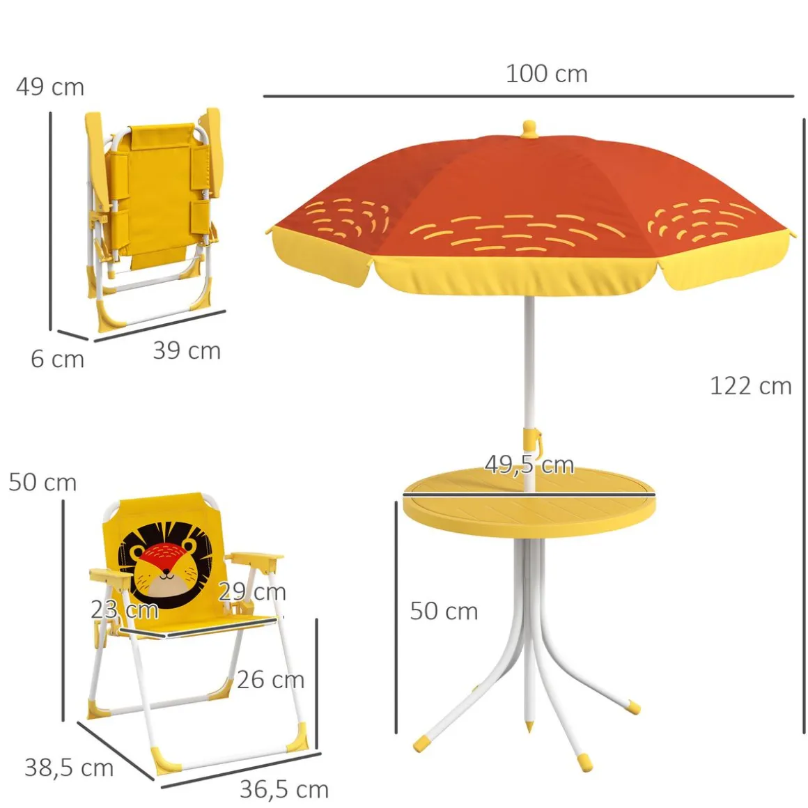 Conjunto de sombrilla + 2 sillas infantiles Lion Outsunny amarillo