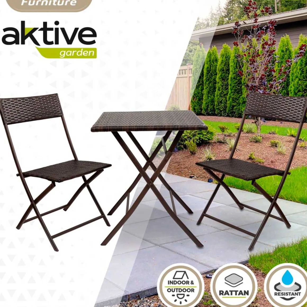 Conjunto de terraza Aktive Garden mesa+2 sillas plegables ratán negro