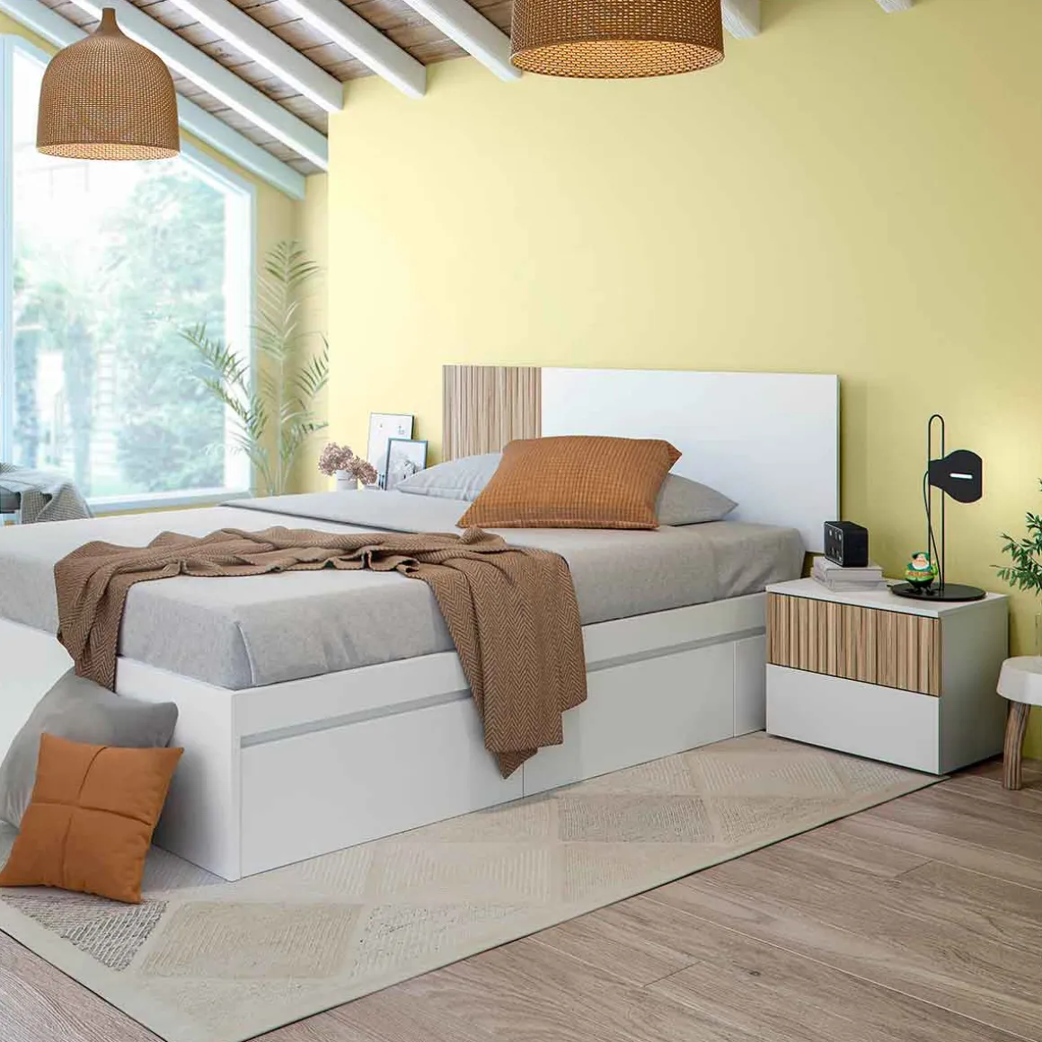 Conjunto Ethna cabecero con 2 mesitas de noche blanco/natural 266 cm