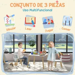 Conjunto infantil Dalia Aiyaplay mesa + 2 sillas +3A blanco/natural