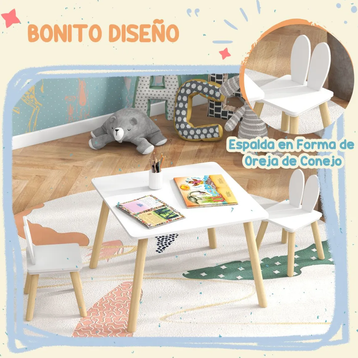 Conjunto infantil Dalia Aiyaplay mesa + 2 sillas +3A blanco/natural