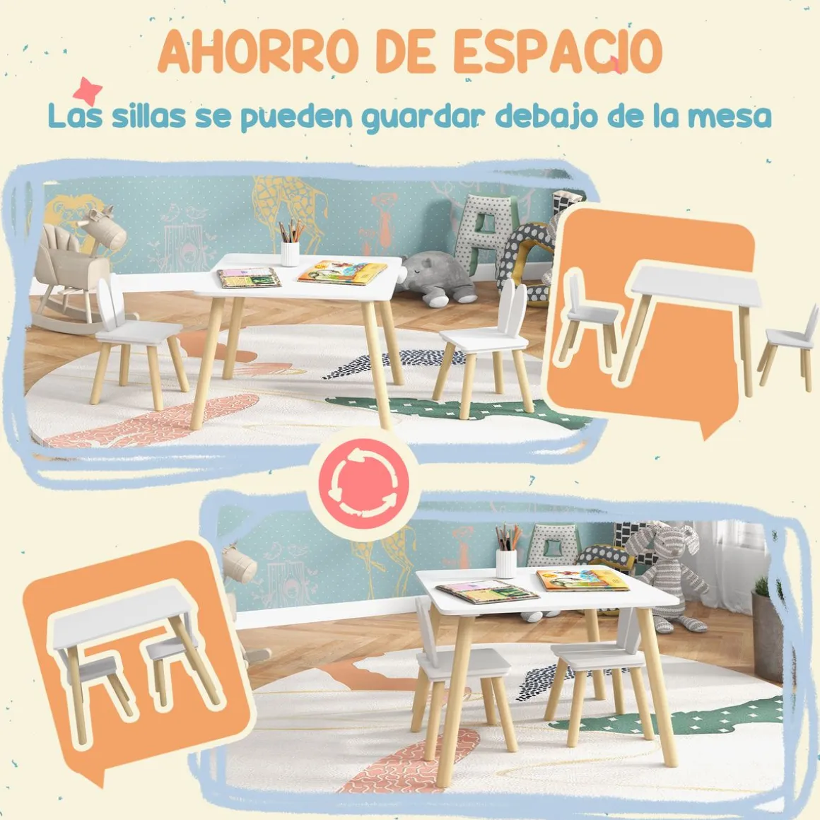Conjunto infantil Dalia Aiyaplay mesa + 2 sillas +3A blanco/natural