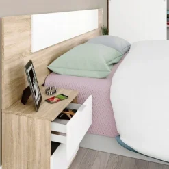 Conjunto Luca cabecero + 2 mesitas de noche blanco/roble