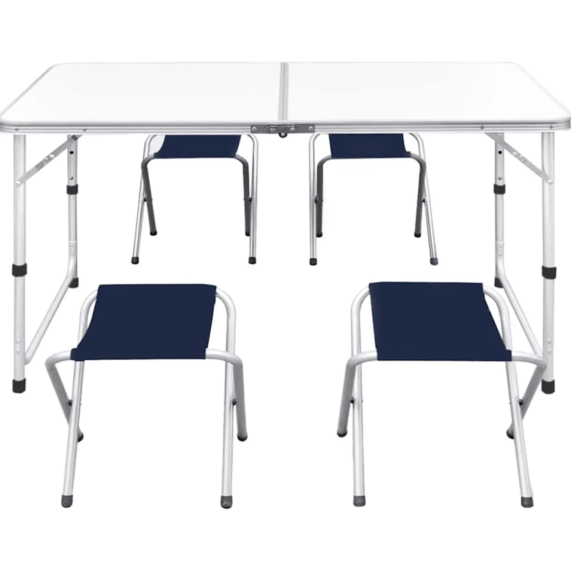 Conjunto para camping mesa + 4 taburetes plegables altura regulable blanco/azul