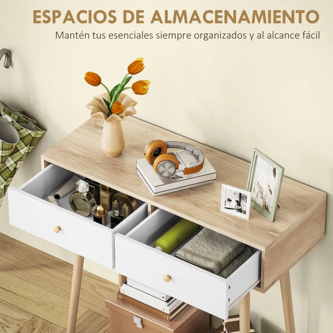 Consola Axis Homcom con 2 cajones natural/blanco 75x86x35 cm