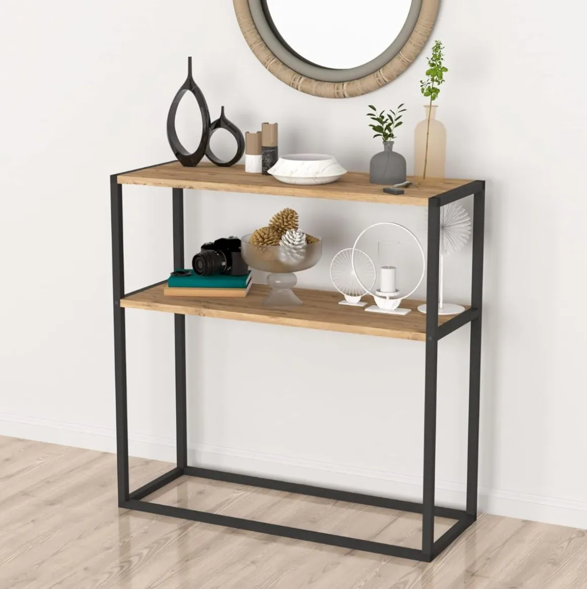 Consola Birhan 2 estantes natural/negro 90x90x34 cm
