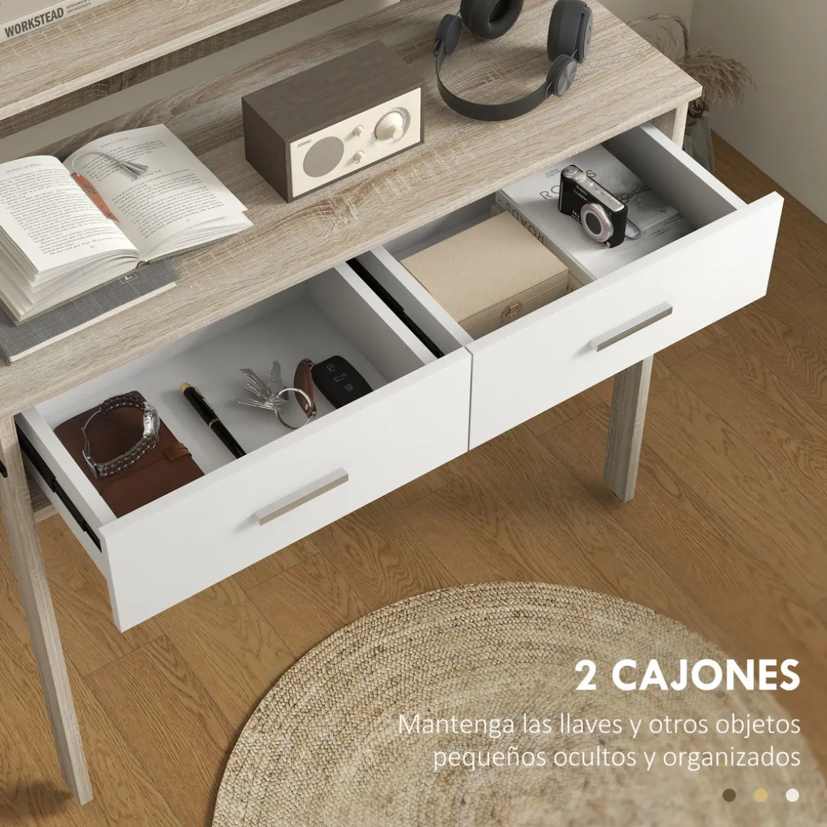 Consola extensible Musa Homcom convertible en escritorio 2 niveles roble 87x35x95 cm