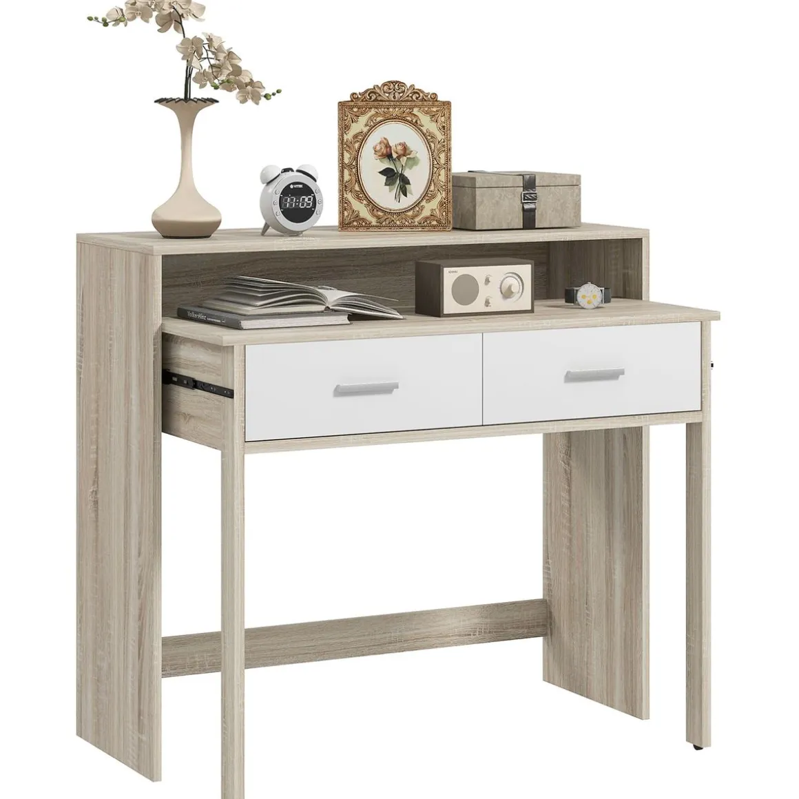Consola extensible Musa Homcom convertible en escritorio 2 niveles roble 87x35x95 cm