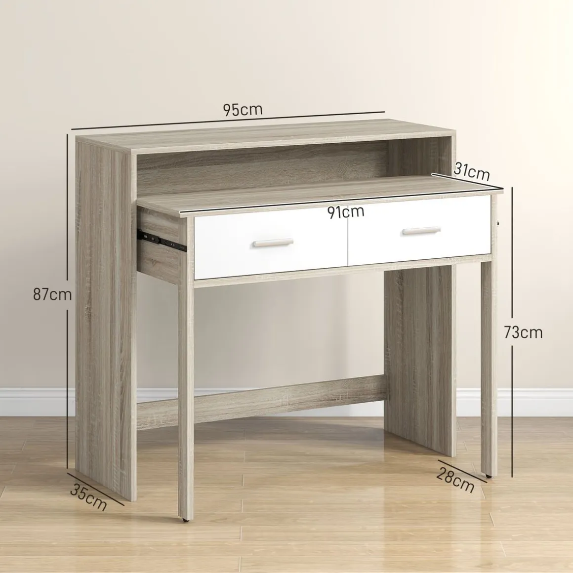 Consola extensible Musa Homcom convertible en escritorio 2 niveles roble 87x35x95 cm