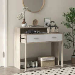Consola extensible Musa Homcom convertible en escritorio 2 niveles roble 87x35x95 cm