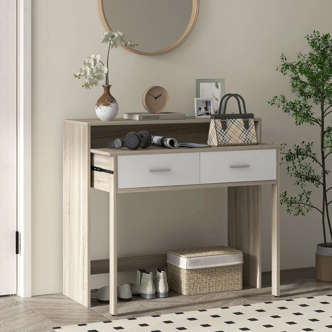 Consola extensible Musa Homcom convertible en escritorio 2 niveles roble 87x35x95 cm