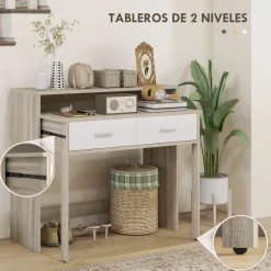 Consola extensible Musa Homcom convertible en escritorio 2 niveles roble 87x35x95 cm