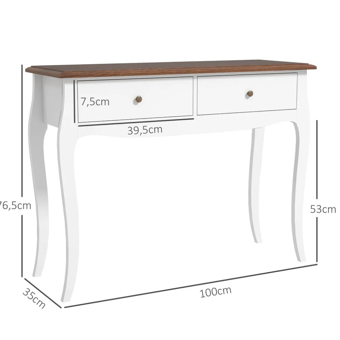 Consola Kiwita Homcom 2 cajones marrón oscuro/blanco 76,5x100x35 cm