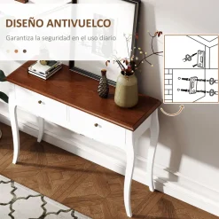 Consola Kiwita Homcom 2 cajones marrón oscuro/blanco 76,5x100x35 cm