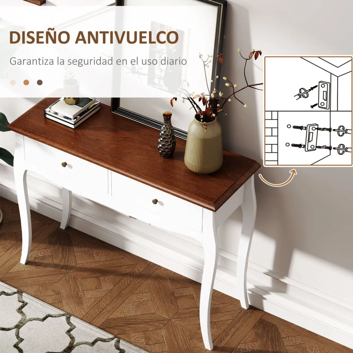 Consola Kiwita Homcom 2 cajones marrón oscuro/blanco 76,5x100x35 cm