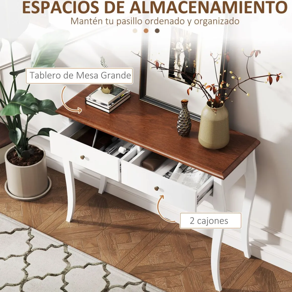 Consola Kiwita Homcom 2 cajones marrón oscuro/blanco 76,5x100x35 cm
