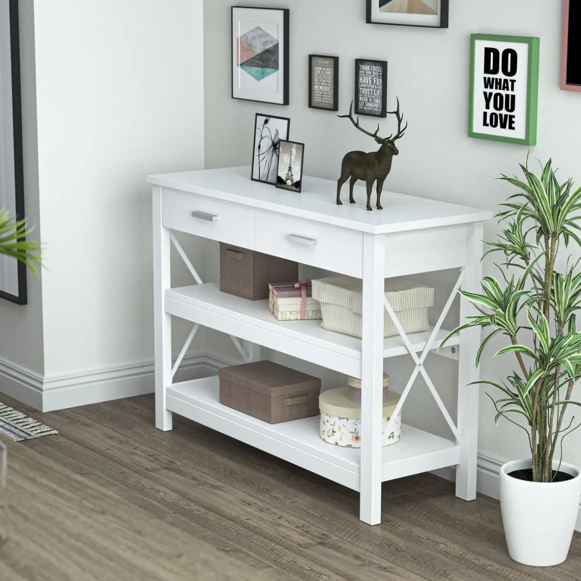 Consola recibidor Maya Homcom 2 cajones + 2 estantes blanco 76x105x40 cm